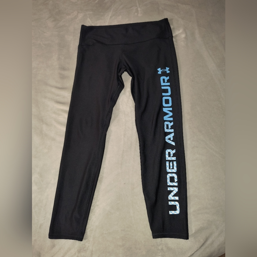 Under Armour Black Leggings with Metallic Blue Text